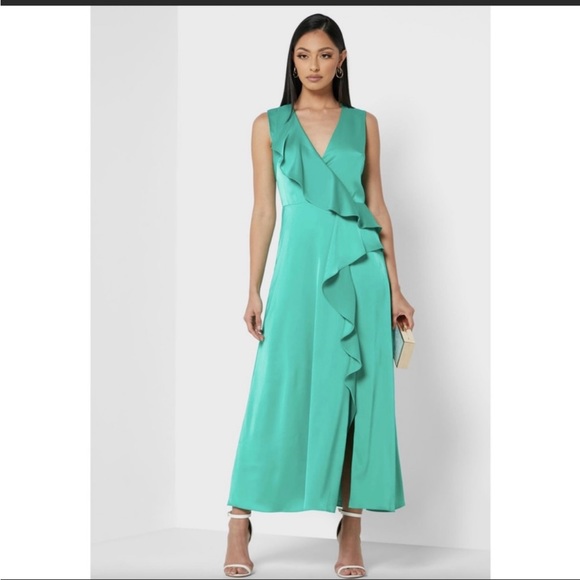 🔥🔥🔥NEW Ted Baker London Ruffle Detail Stretch Satin Midi Dress - Picture 2 of 6